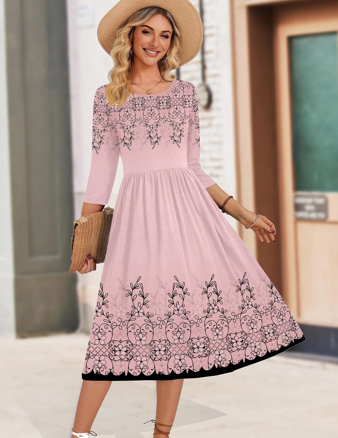 image:imageZeagoo 34 Sleeve Womens Dress Casual Aline Summer Fall Midi Long DressesPink Flower
