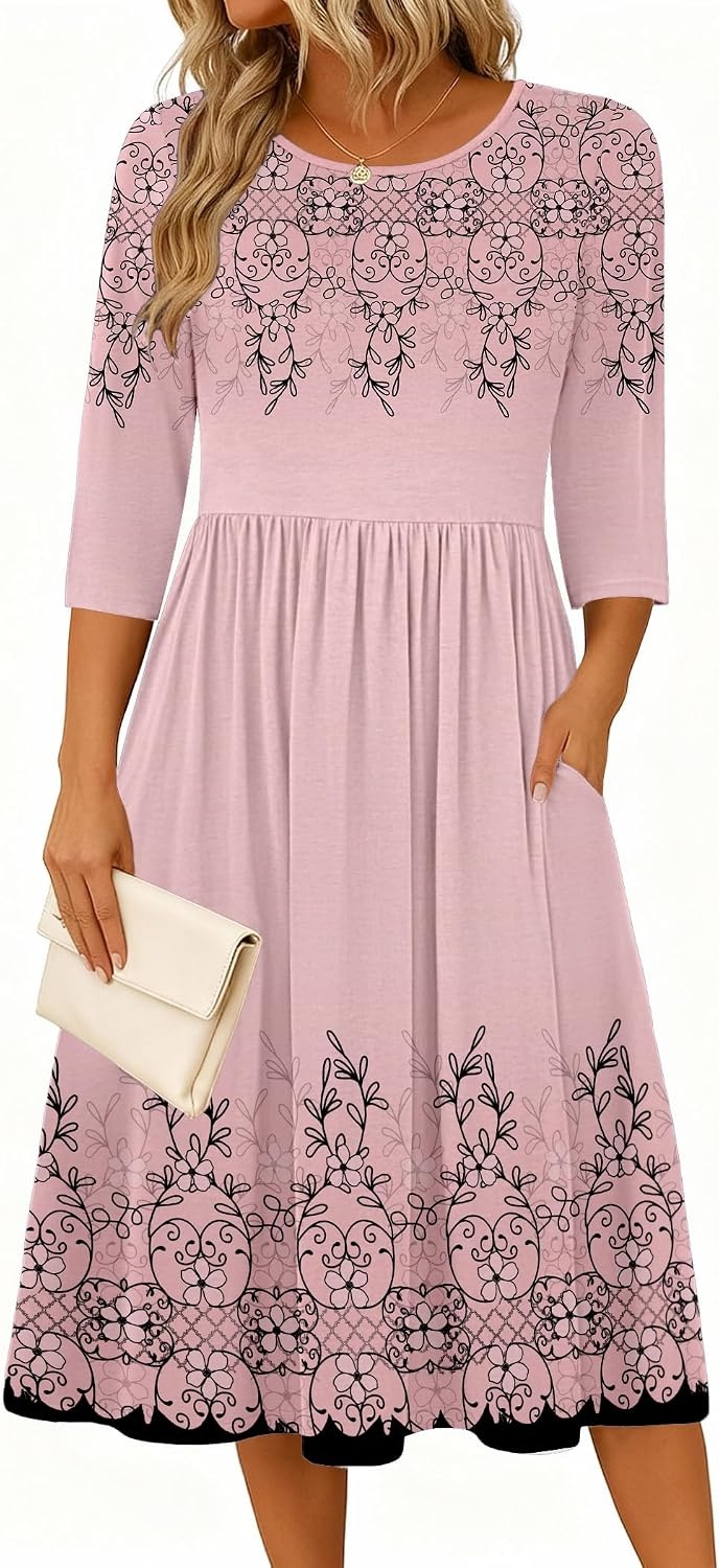 image:imageZeagoo 34 Sleeve Womens Dress Casual Aline Summer Fall Midi Long DressesPink Flower
