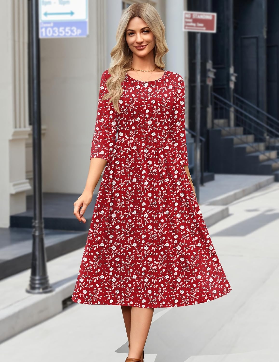 image:imageZeagoo 34 Sleeve Womens Dress Casual Aline Summer Fall Midi Long DressesRed Floral