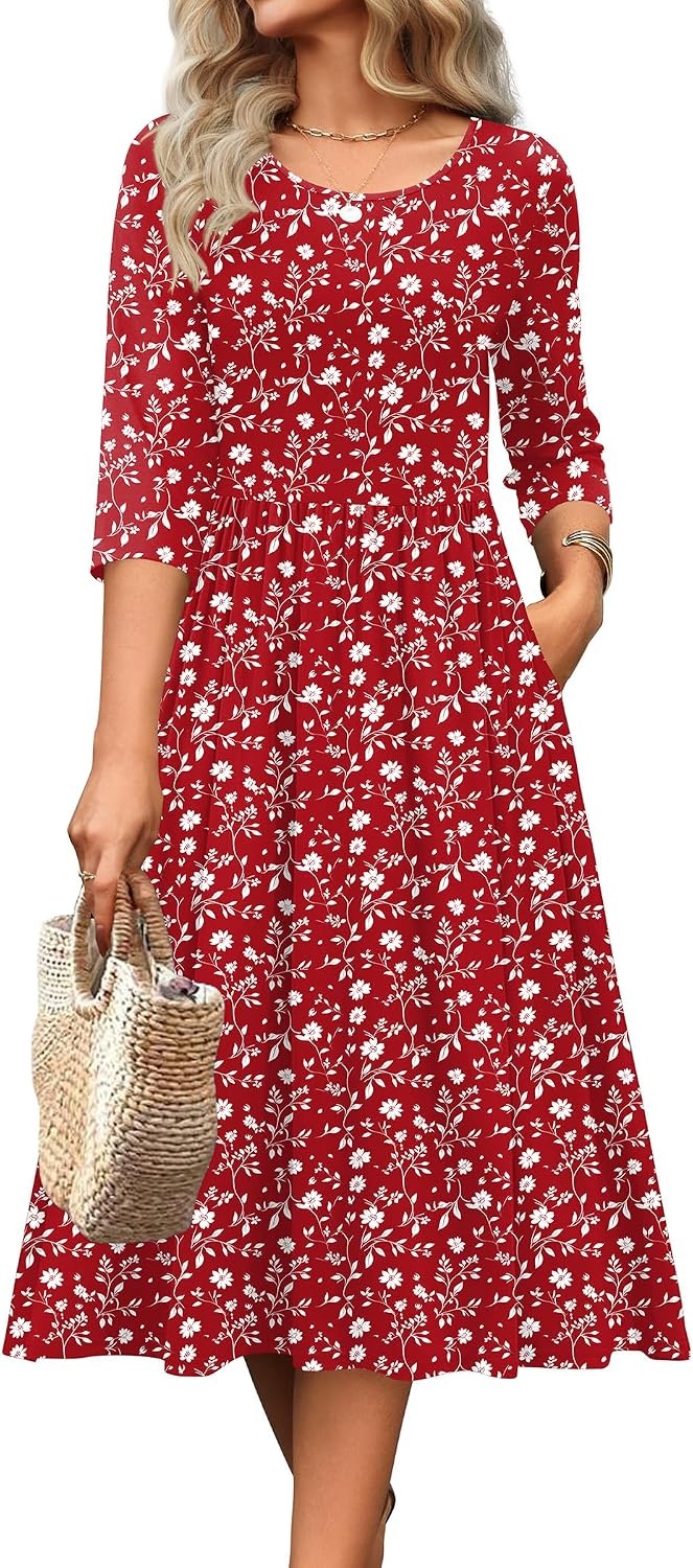 image:imageZeagoo 34 Sleeve Womens Dress Casual Aline Summer Fall Midi Long DressesRed Floral