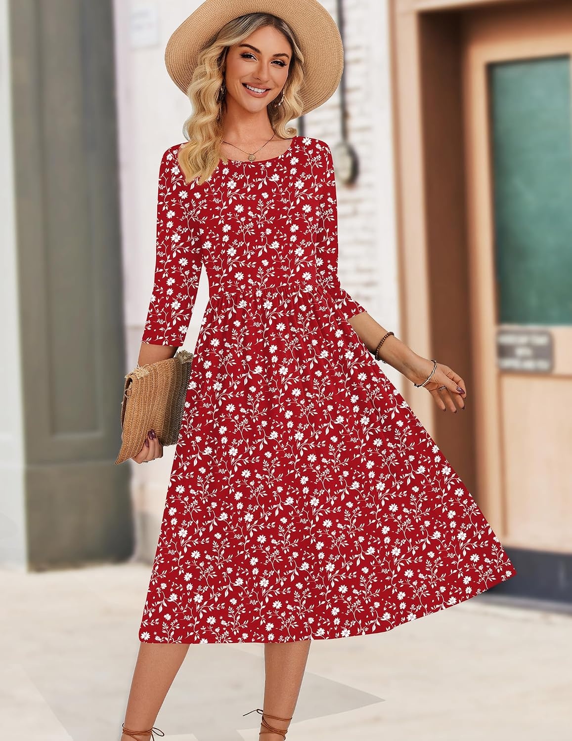 image:imageZeagoo 34 Sleeve Womens Dress Casual Aline Summer Fall Midi Long DressesRed Floral