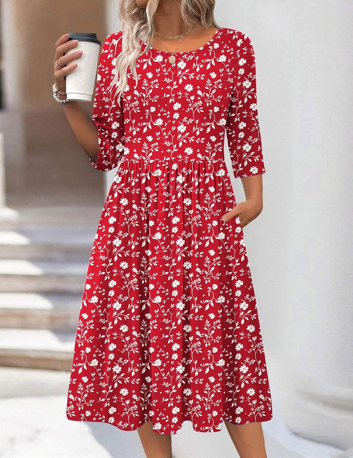 image:imageZeagoo 34 Sleeve Womens Dress Casual Aline Summer Fall Midi Long DressesRed Floral