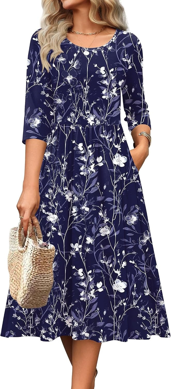 image:imageZeagoo 34 Sleeve Womens Dress Casual Aline Summer Fall Midi Long DressesSf180