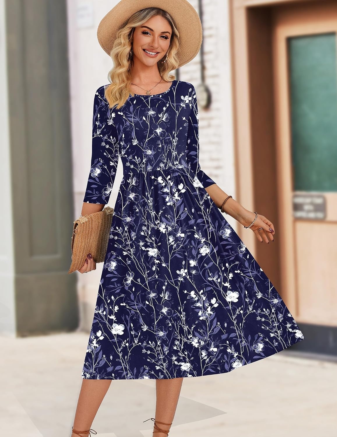image:imageZeagoo 34 Sleeve Womens Dress Casual Aline Summer Fall Midi Long DressesSf180