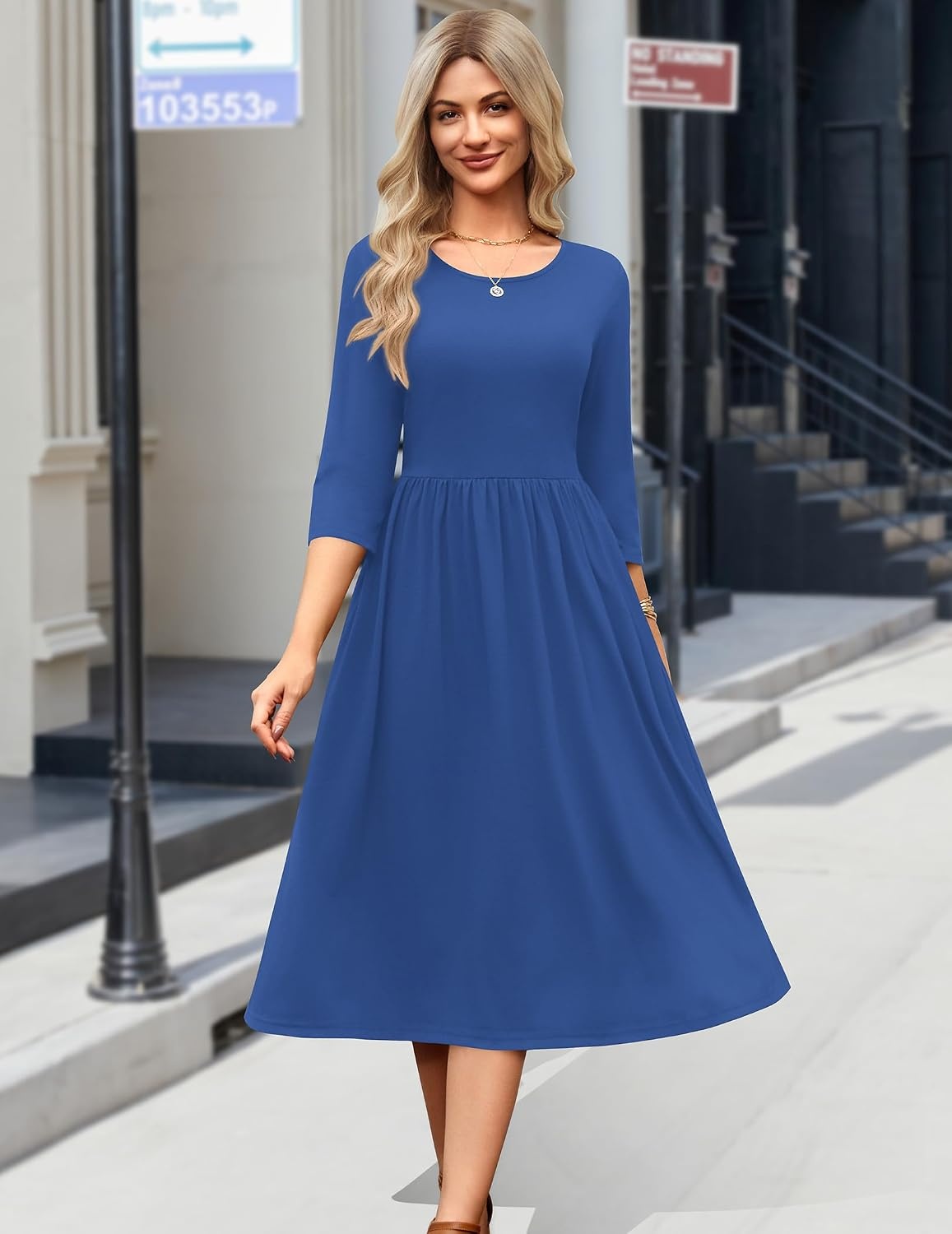 image:imageZeagoo 34 Sleeve Womens Dress Casual Aline Summer Fall Midi Long DressesSolid Blue