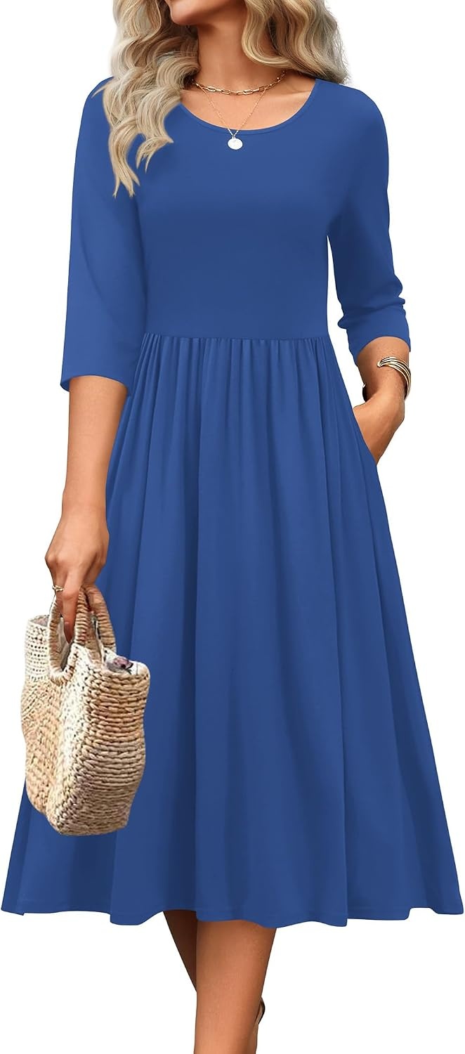 image:imageZeagoo 34 Sleeve Womens Dress Casual Aline Summer Fall Midi Long DressesSolid Blue