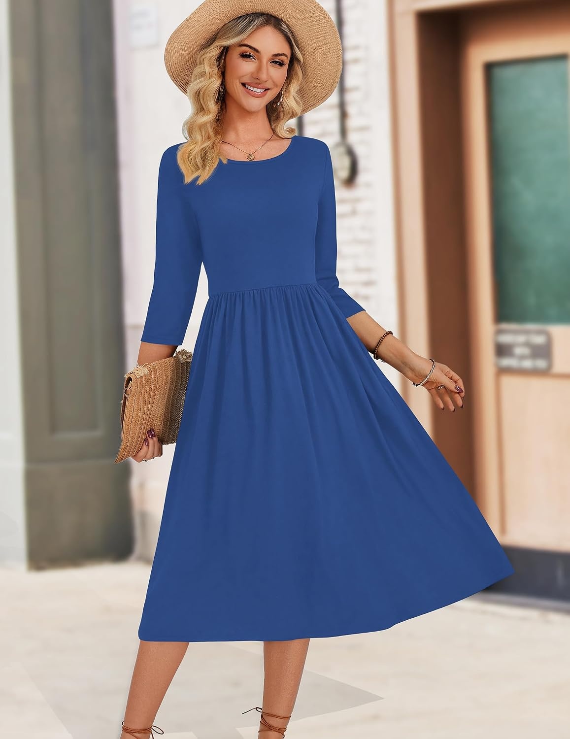image:imageZeagoo 34 Sleeve Womens Dress Casual Aline Summer Fall Midi Long DressesSolid Blue