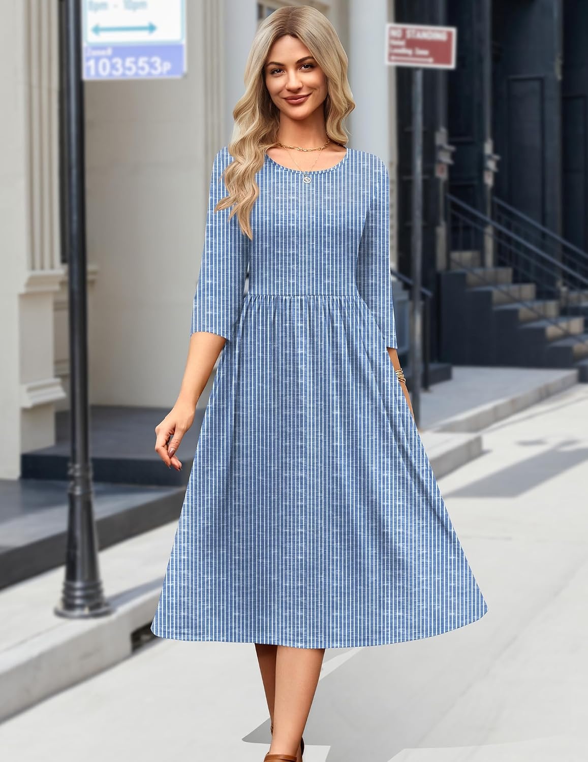 image:imageZeagoo 34 Sleeve Womens Dress Casual Aline Summer Fall Midi Long DressesStripe Print