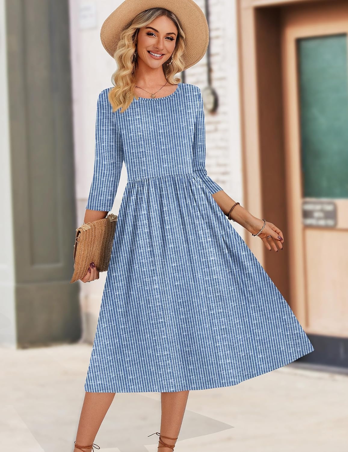image:imageZeagoo 34 Sleeve Womens Dress Casual Aline Summer Fall Midi Long DressesStripe Print