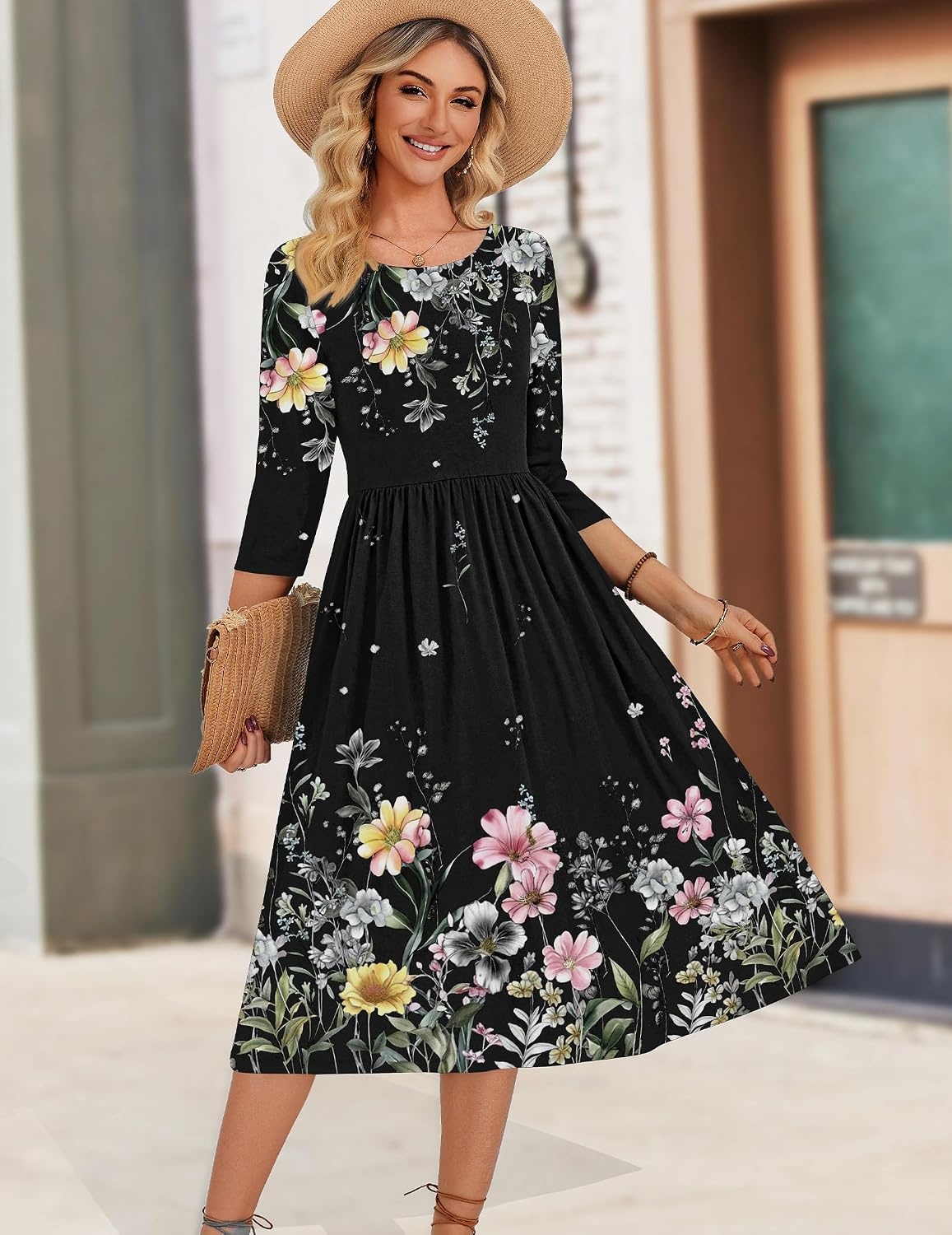 image:imageZeagoo 34 Sleeve Womens Dress Casual Aline Summer Fall Midi Long DressesWf120