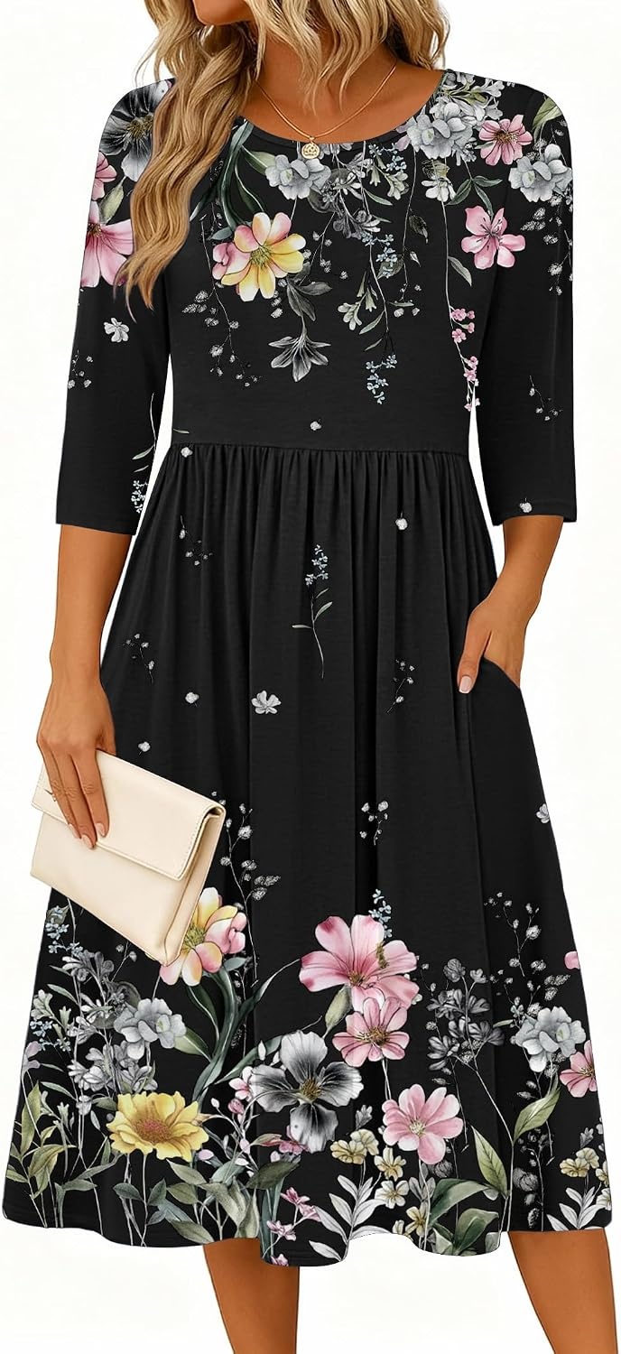 image:imageZeagoo 34 Sleeve Womens Dress Casual Aline Summer Fall Midi Long DressesWf120