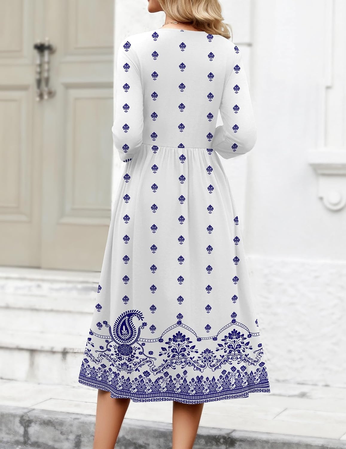 image:imageZeagoo 34 Sleeve Womens Dress Casual Aline Summer Fall Midi Long DressesWhite Ethnic Print