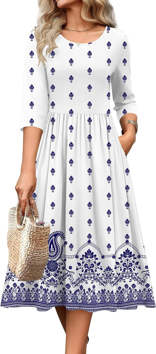 image:imageZeagoo 34 Sleeve Womens Dress Casual Aline Summer Fall Midi Long DressesWhite Ethnic Print