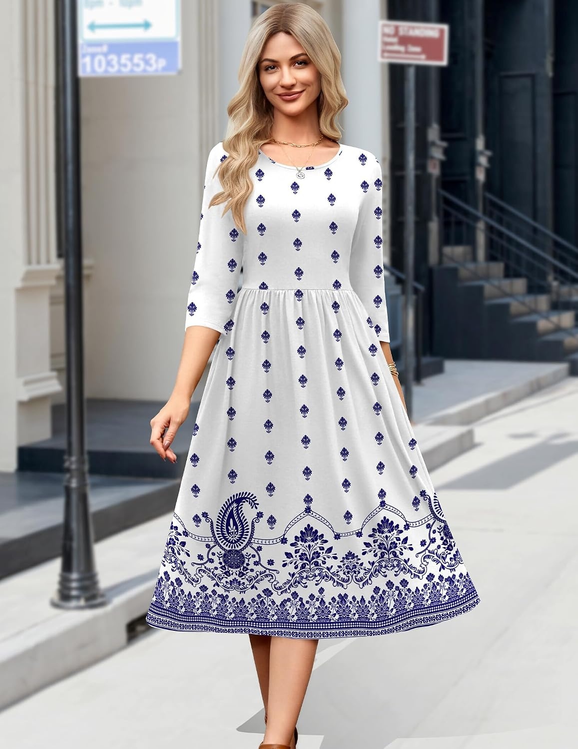 image:imageZeagoo 34 Sleeve Womens Dress Casual Aline Summer Fall Midi Long DressesWhite Ethnic Print