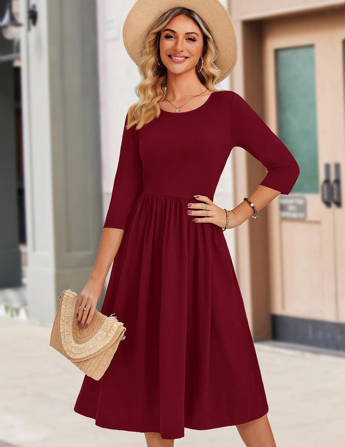 image:imageZeagoo 34 Sleeve Womens Dress Casual Aline Summer Fall Midi Long DressesWine Red
