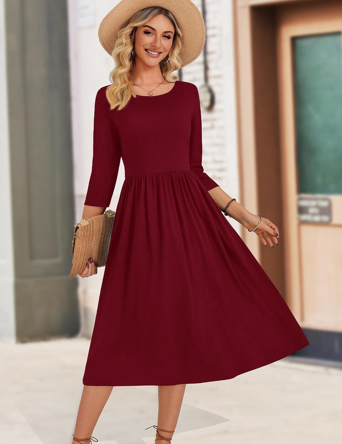 image:imageZeagoo 34 Sleeve Womens Dress Casual Aline Summer Fall Midi Long DressesWine Red