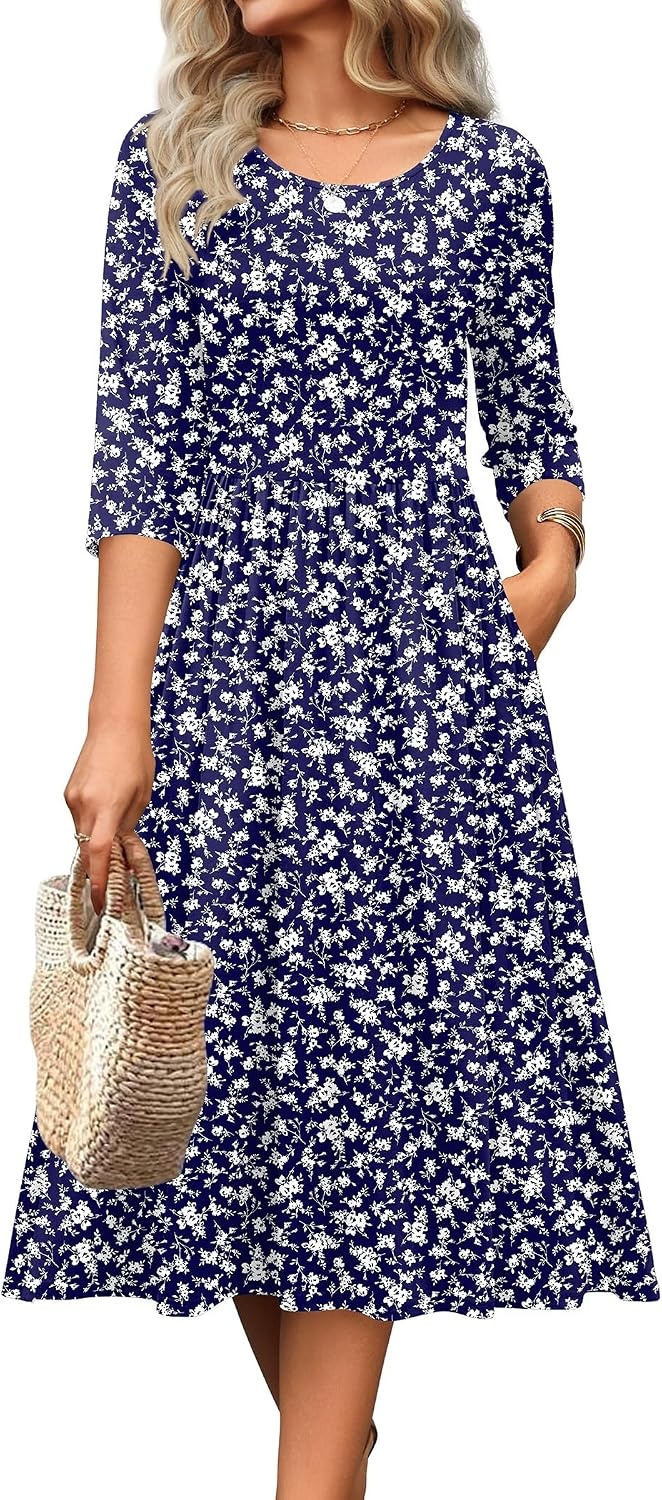 image:imageZeagoo 34 Sleeve Womens Dress Casual Aline Summer Fall Midi Long DressesXh445