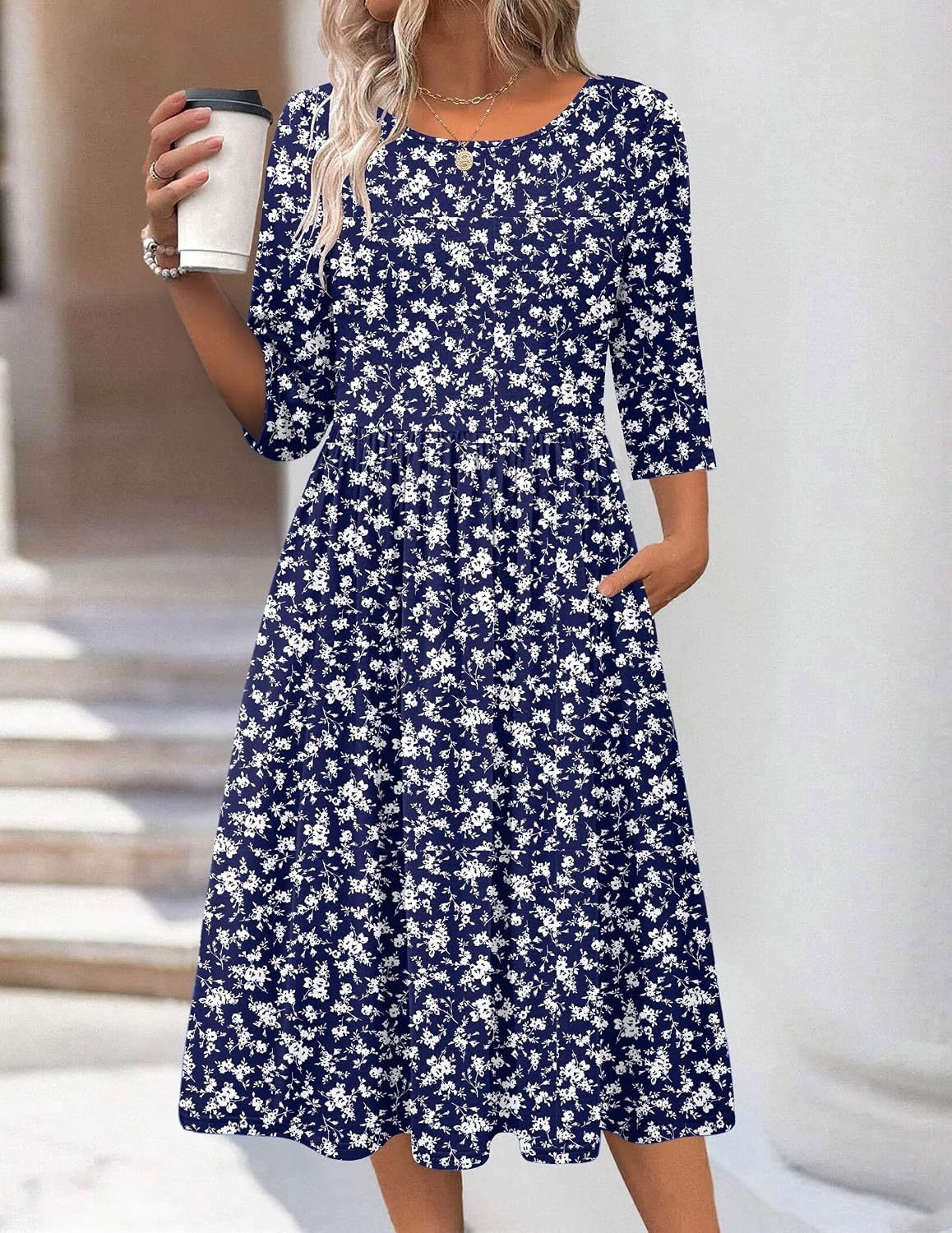 image:imageZeagoo 34 Sleeve Womens Dress Casual Aline Summer Fall Midi Long DressesXh445