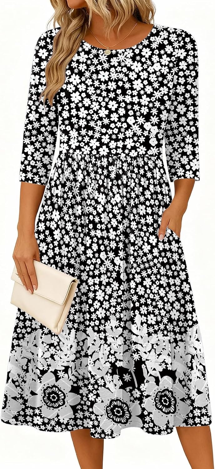 image:imageZeagoo 34 Sleeve Womens Dress Casual Aline Summer Fall Midi Long DressesXh523