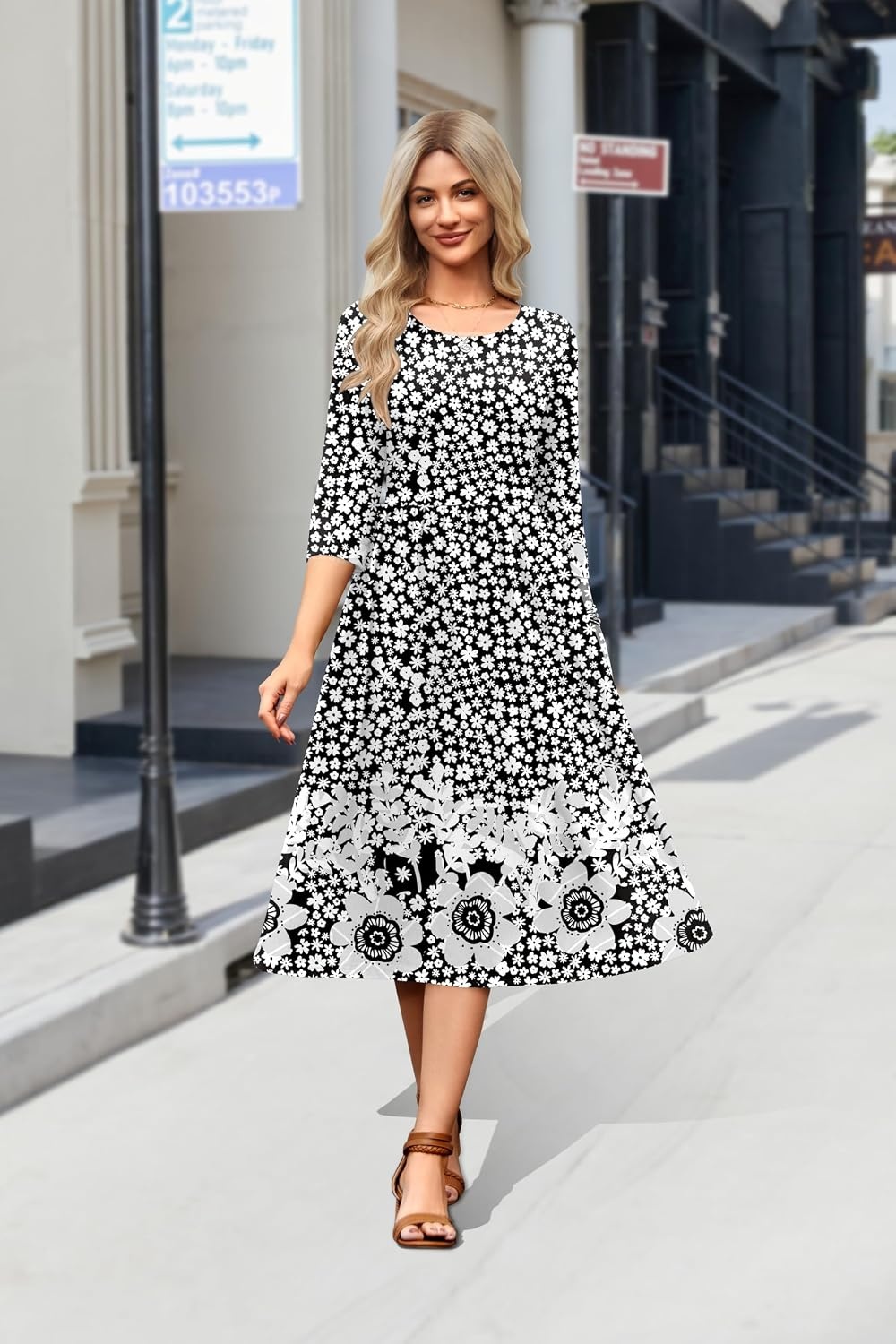 image:imageZeagoo 34 Sleeve Womens Dress Casual Aline Summer Fall Midi Long DressesXh523
