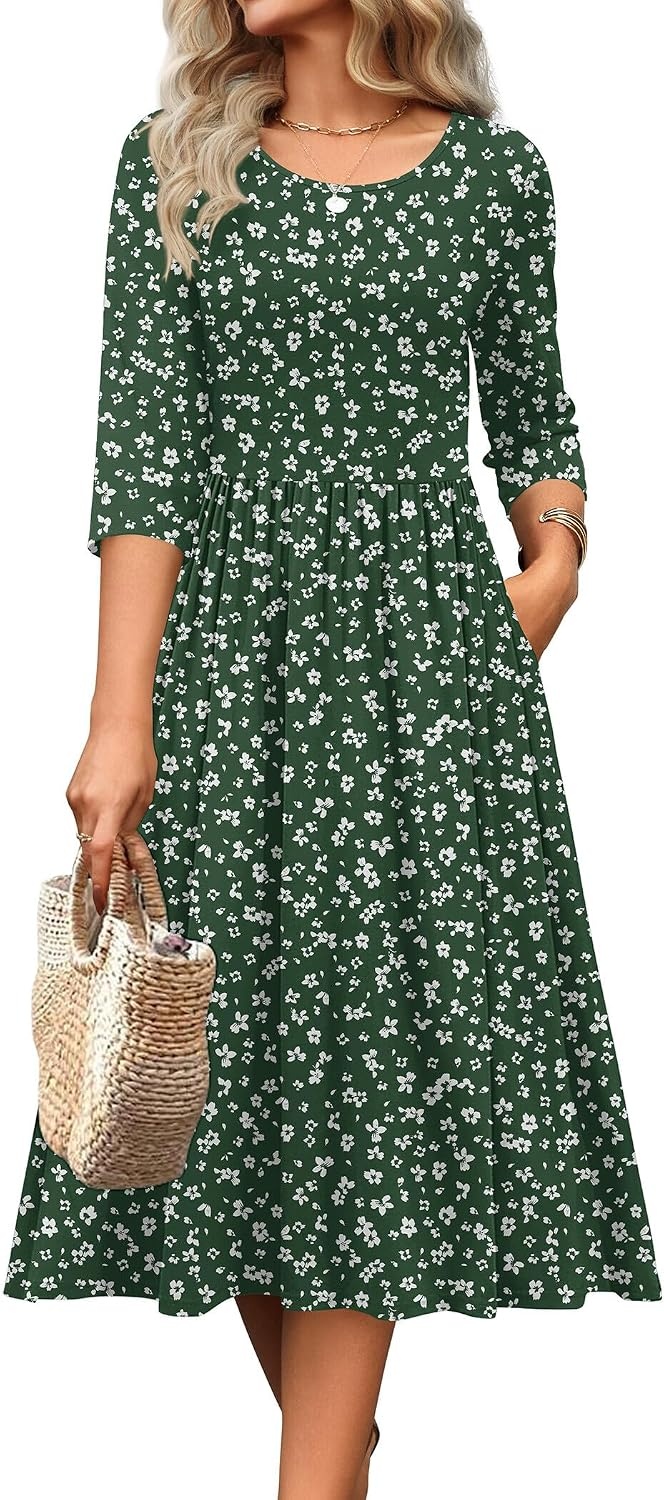 image:imageZeagoo 34 Sleeve Womens Dress Casual Aline Summer Fall Midi Long DressesXh527