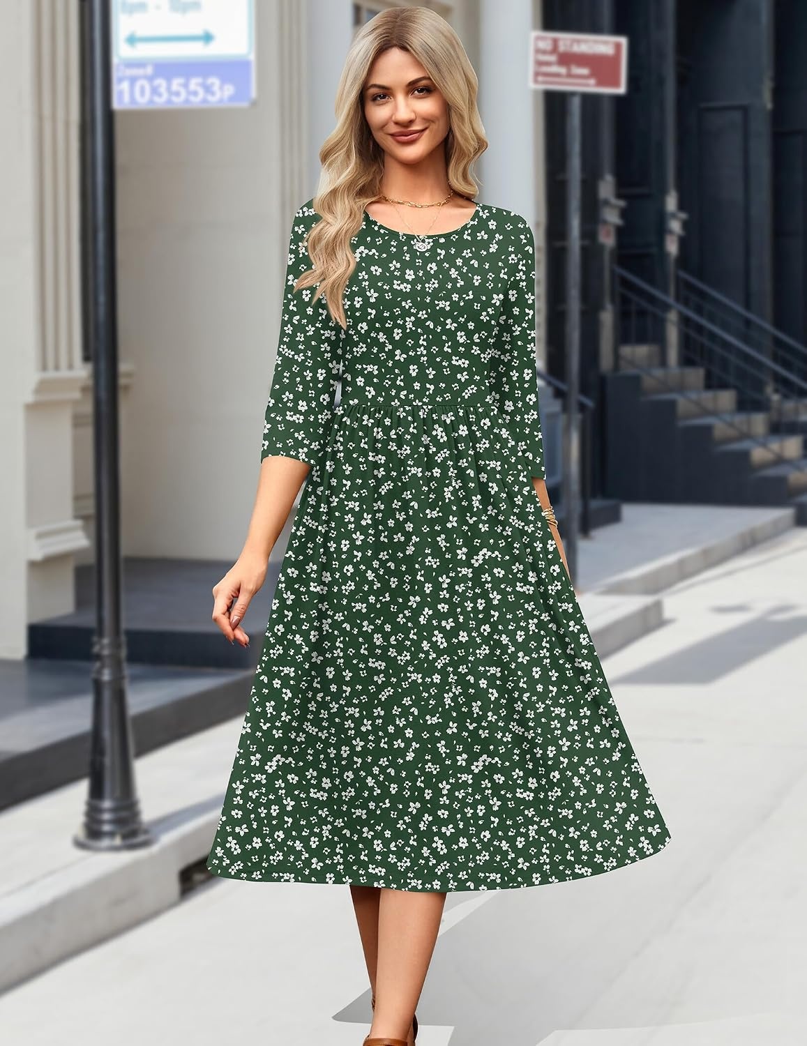 image:imageZeagoo 34 Sleeve Womens Dress Casual Aline Summer Fall Midi Long DressesXh527