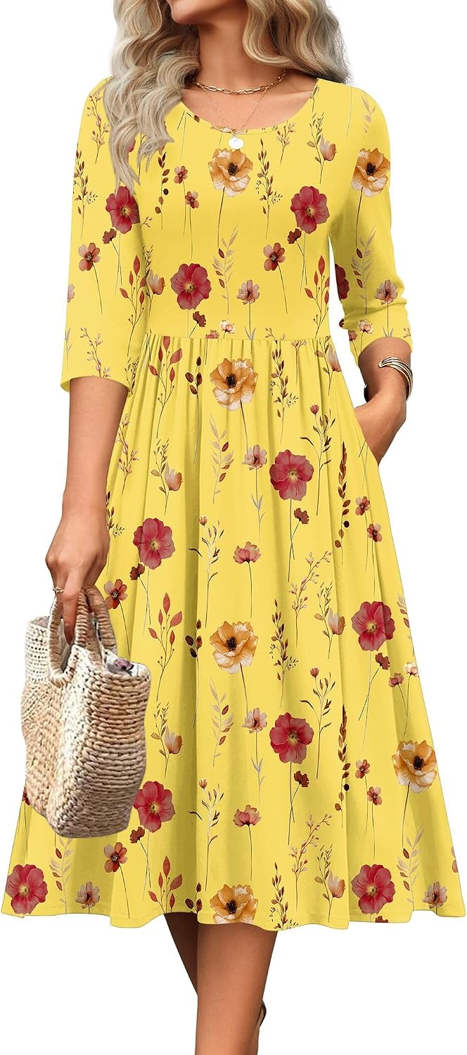 image:imageZeagoo 34 Sleeve Womens Dress Casual Aline Summer Fall Midi Long DressesYellow Floral