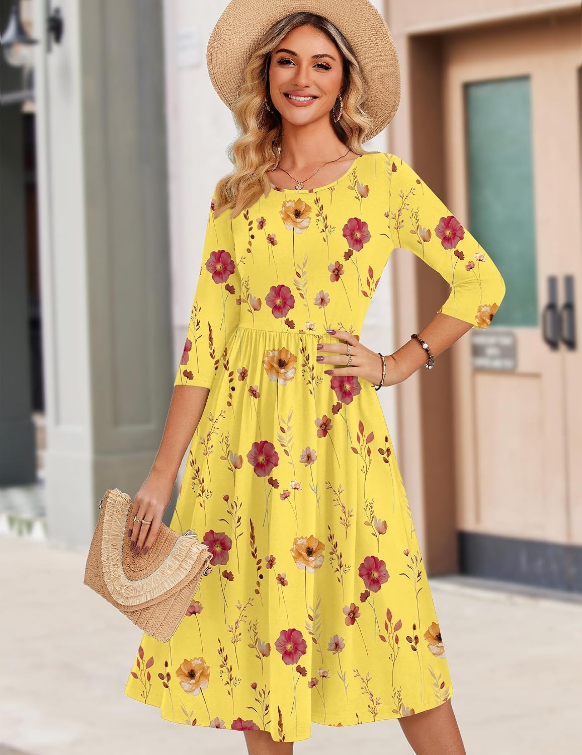 image:imageZeagoo 34 Sleeve Womens Dress Casual Aline Summer Fall Midi Long DressesYellow Floral
