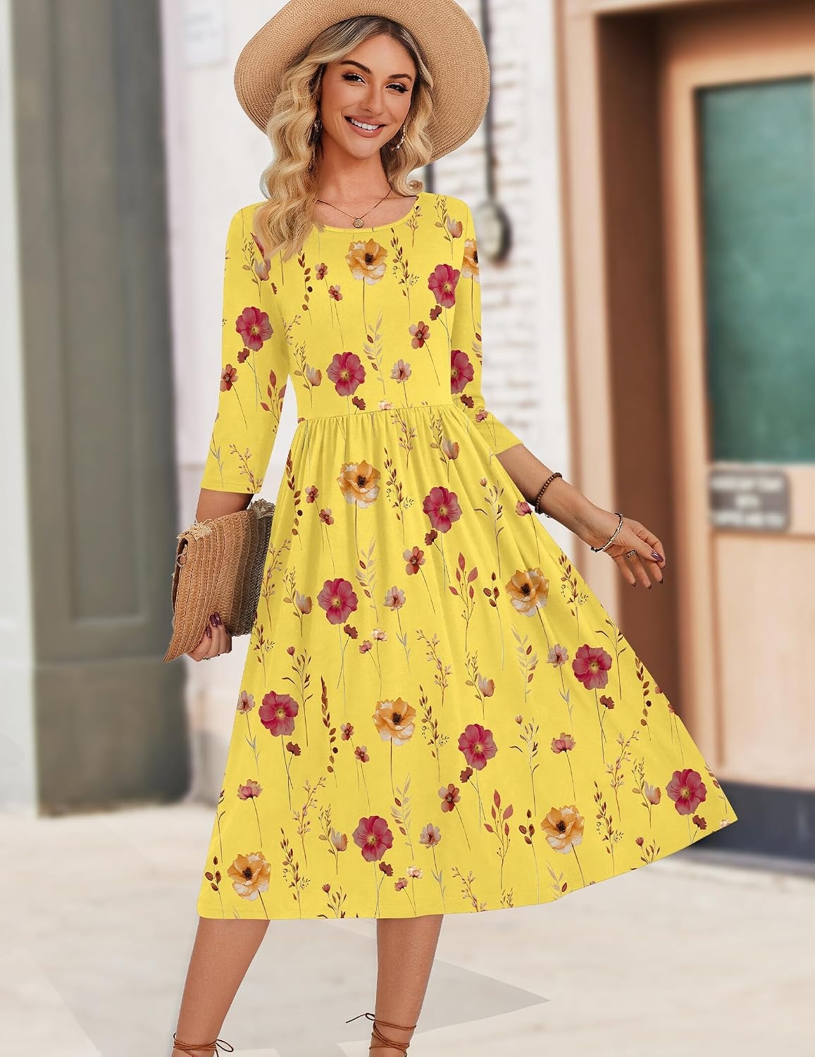 image:imageZeagoo 34 Sleeve Womens Dress Casual Aline Summer Fall Midi Long DressesYellow Floral