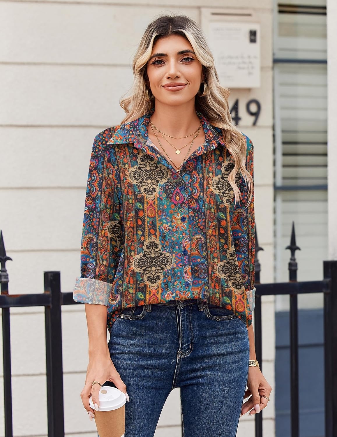 image:imageZeagoo Blouse for Women Dressy Long Sleeve Button Down Shirts V Neck TopsBoho Multicolor 721