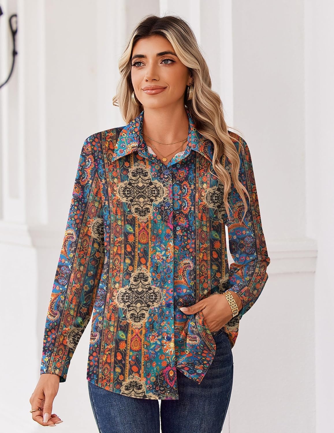 image:imageZeagoo Blouse for Women Dressy Long Sleeve Button Down Shirts V Neck TopsBoho Multicolor 721