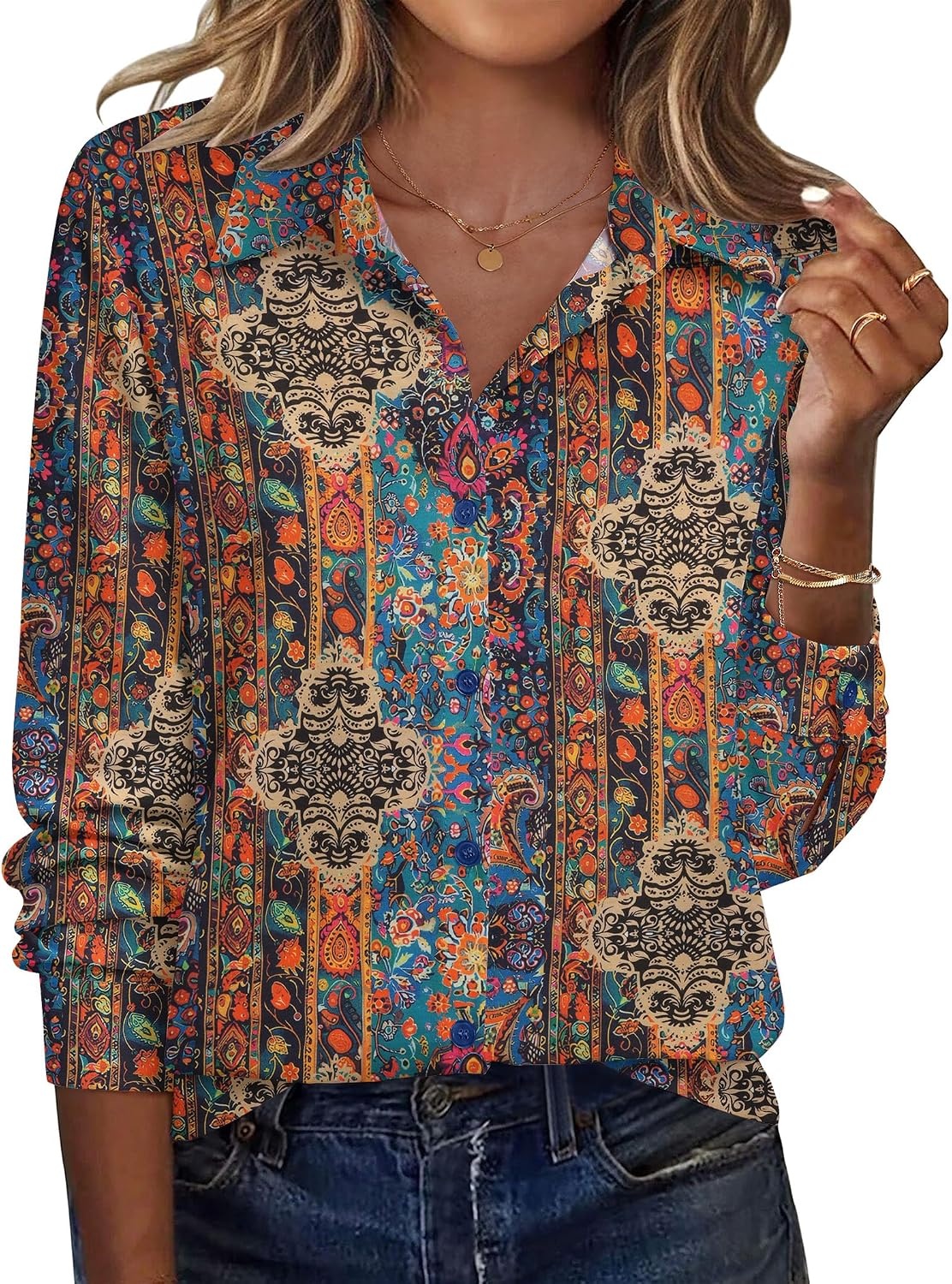 image:imageZeagoo Blouse for Women Dressy Long Sleeve Button Down Shirts V Neck TopsBoho Multicolor 721