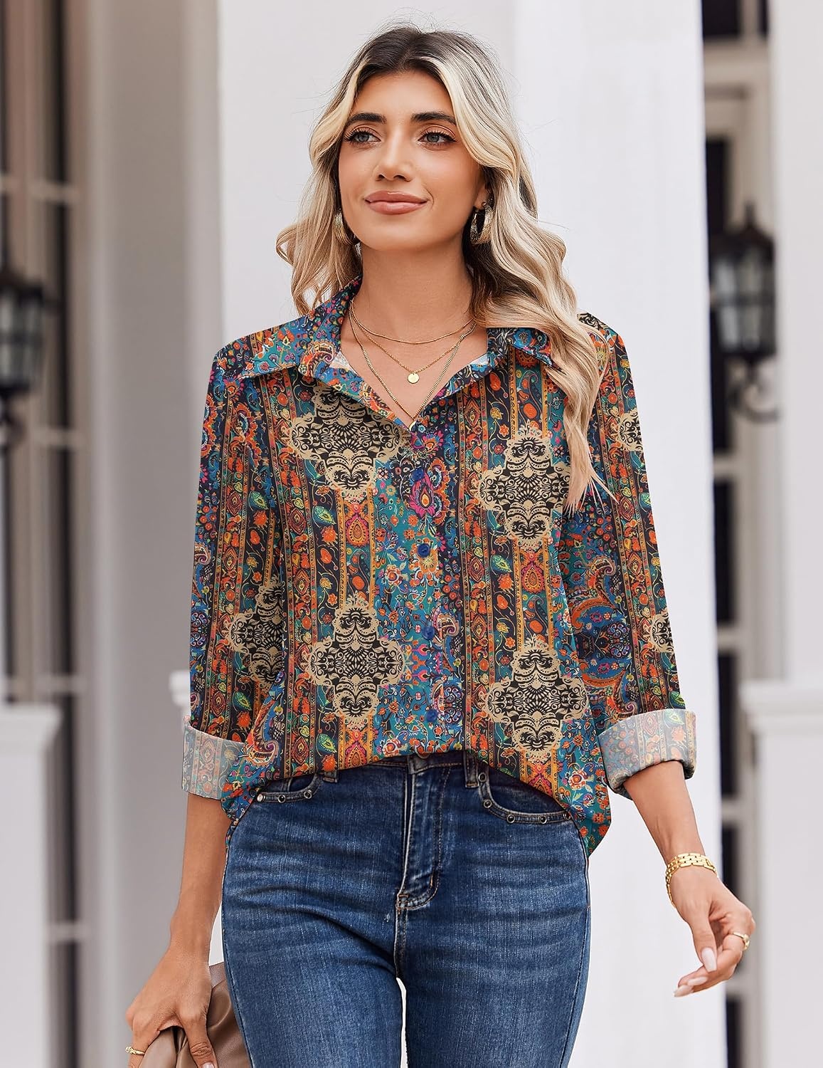 image:imageZeagoo Blouse for Women Dressy Long Sleeve Button Down Shirts V Neck TopsBoho Multicolor 721
