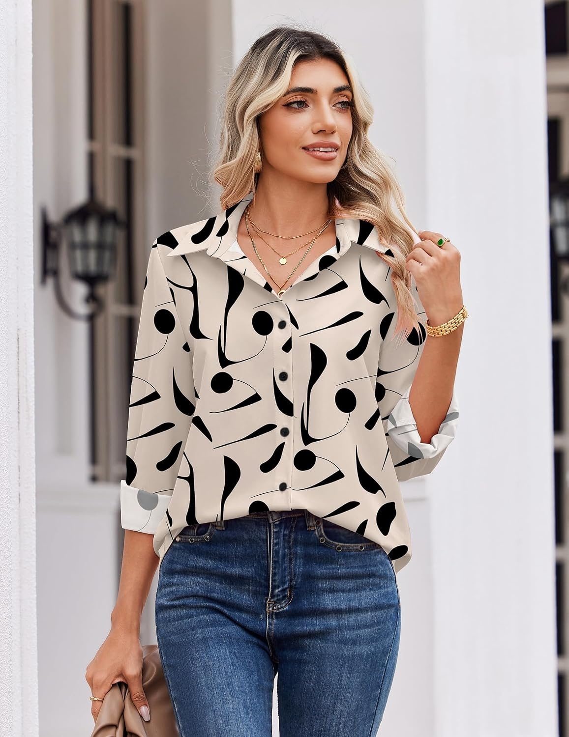 image:imageZeagoo Blouse for Women Dressy Long Sleeve Button Down Shirts V Neck TopsGeometric Beige 602