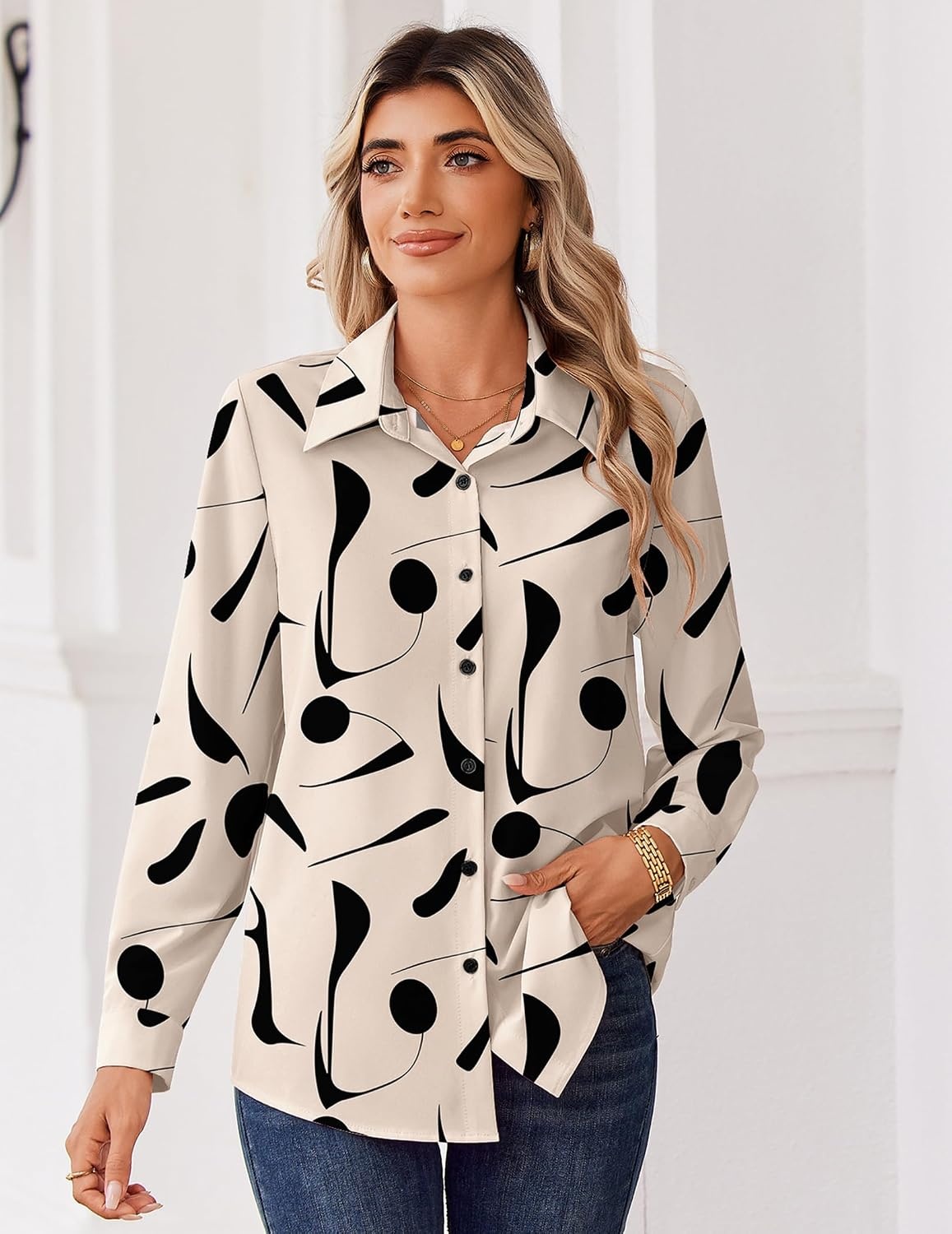 image:imageZeagoo Blouse for Women Dressy Long Sleeve Button Down Shirts V Neck TopsGeometric Beige 602