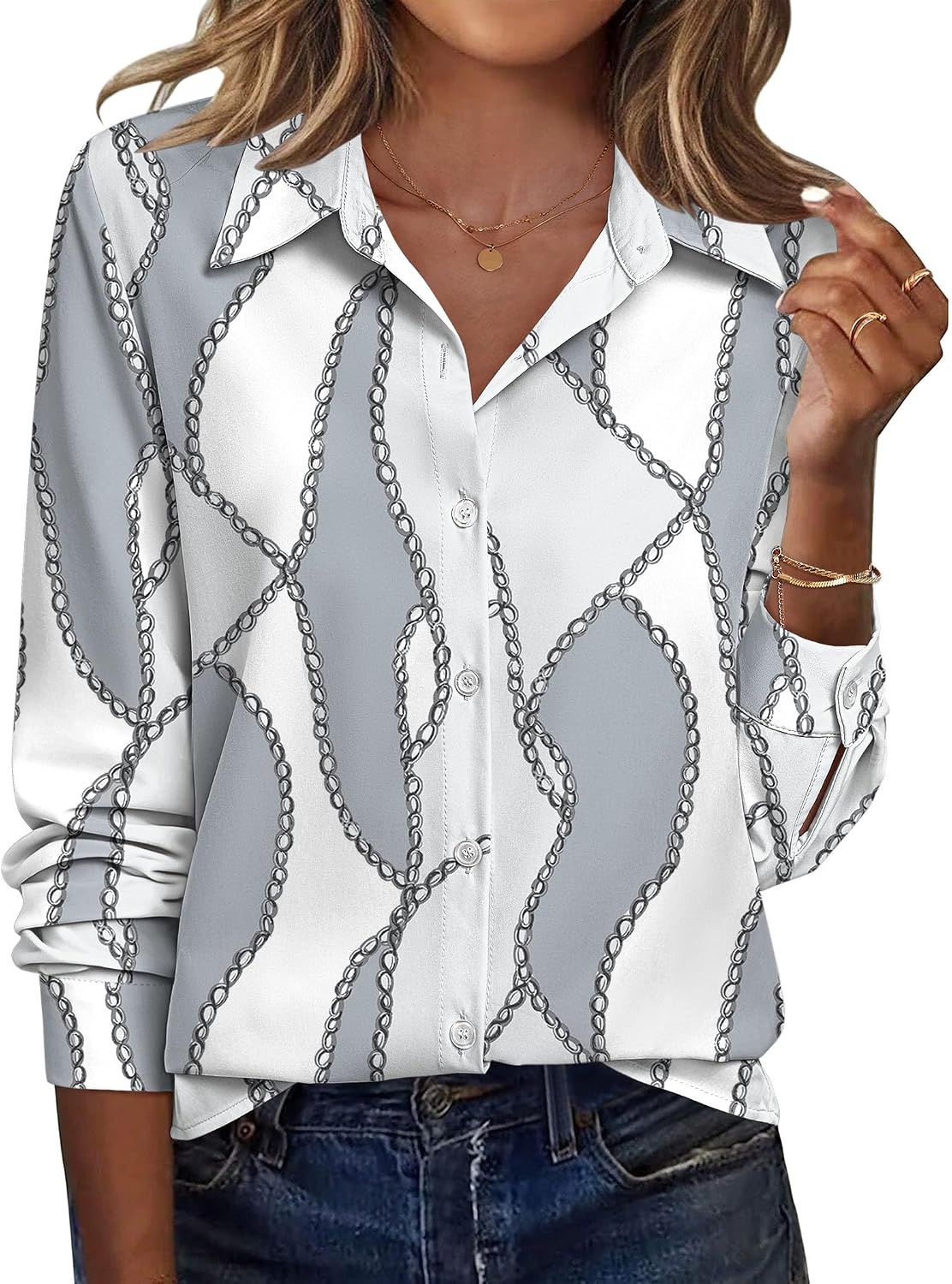image:imageZeagoo Blouse for Women Dressy Long Sleeve Button Down Shirts V Neck TopsGeometric Grey 611