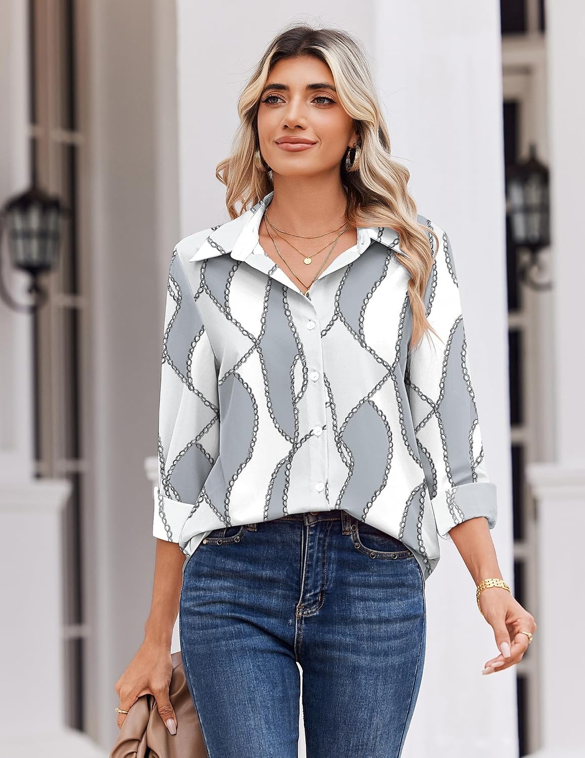 image:imageZeagoo Blouse for Women Dressy Long Sleeve Button Down Shirts V Neck TopsGeometric Grey 611