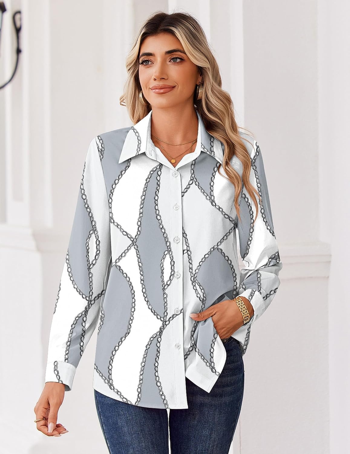 image:imageZeagoo Blouse for Women Dressy Long Sleeve Button Down Shirts V Neck TopsGeometric Grey 611