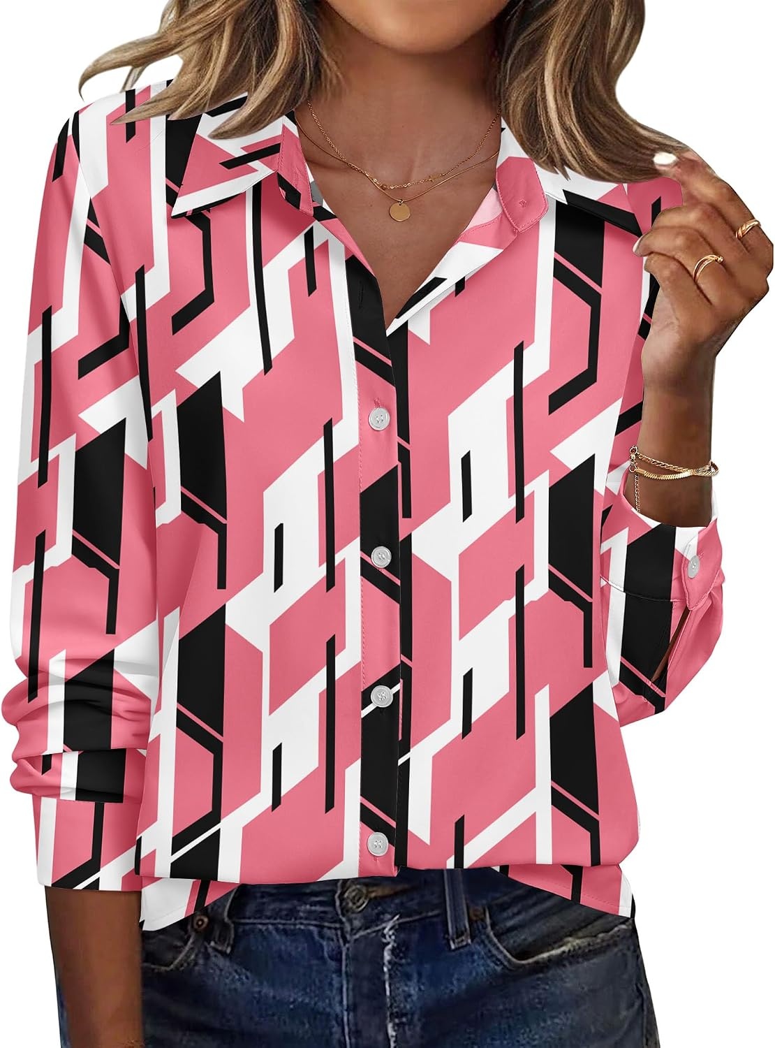 image:imageZeagoo Blouse for Women Dressy Long Sleeve Button Down Shirts V Neck TopsGeometric Pink 603