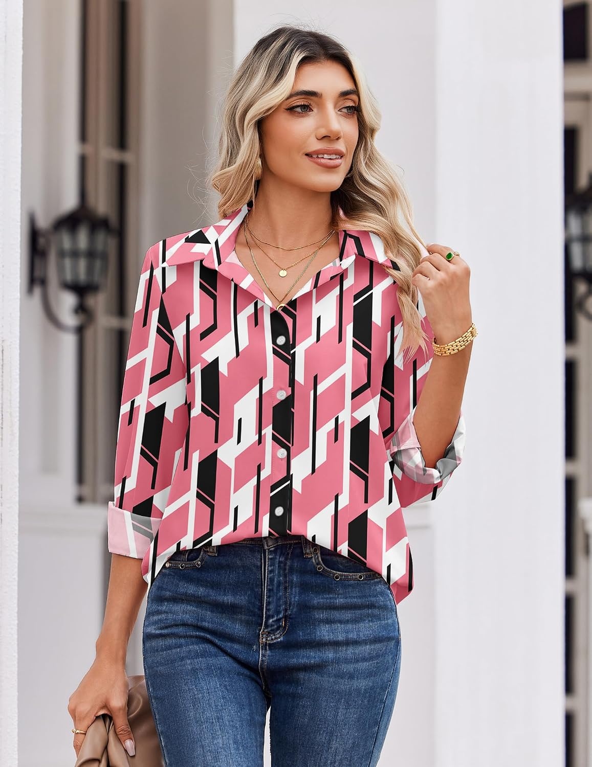 image:imageZeagoo Blouse for Women Dressy Long Sleeve Button Down Shirts V Neck TopsGeometric Pink 603