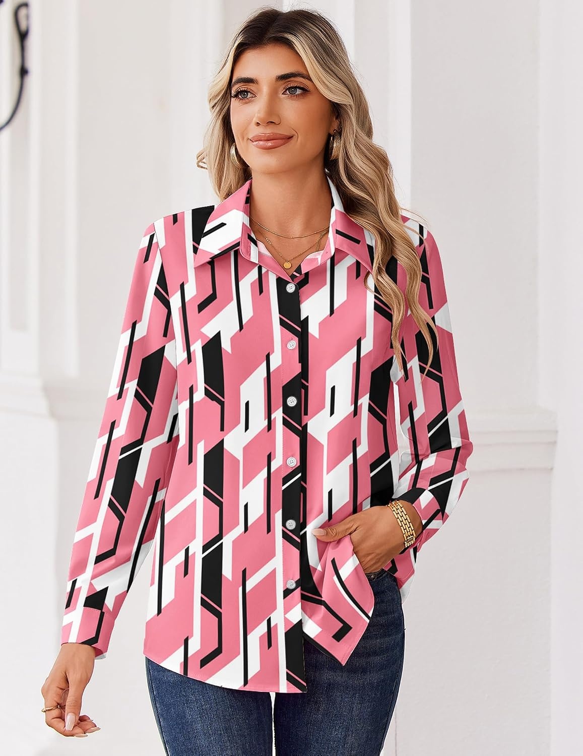 image:imageZeagoo Blouse for Women Dressy Long Sleeve Button Down Shirts V Neck TopsGeometric Pink 603