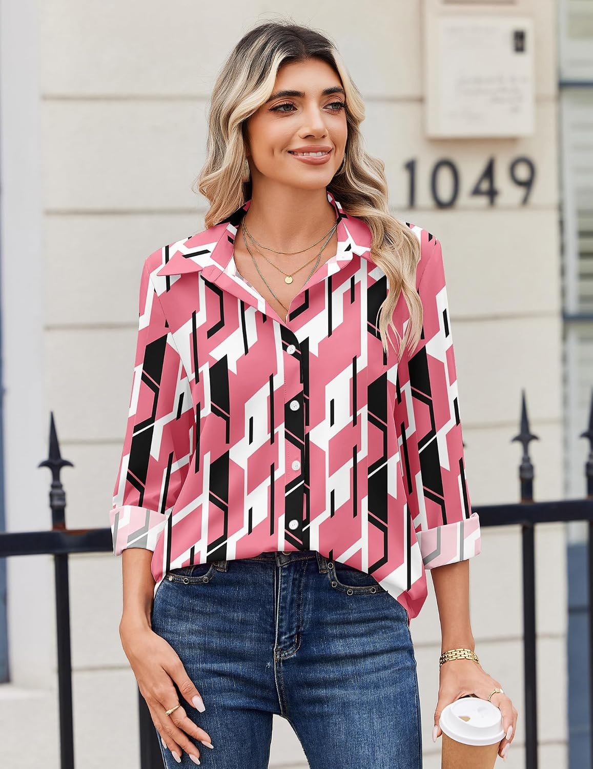 image:imageZeagoo Blouse for Women Dressy Long Sleeve Button Down Shirts V Neck TopsGeometric Pink 603