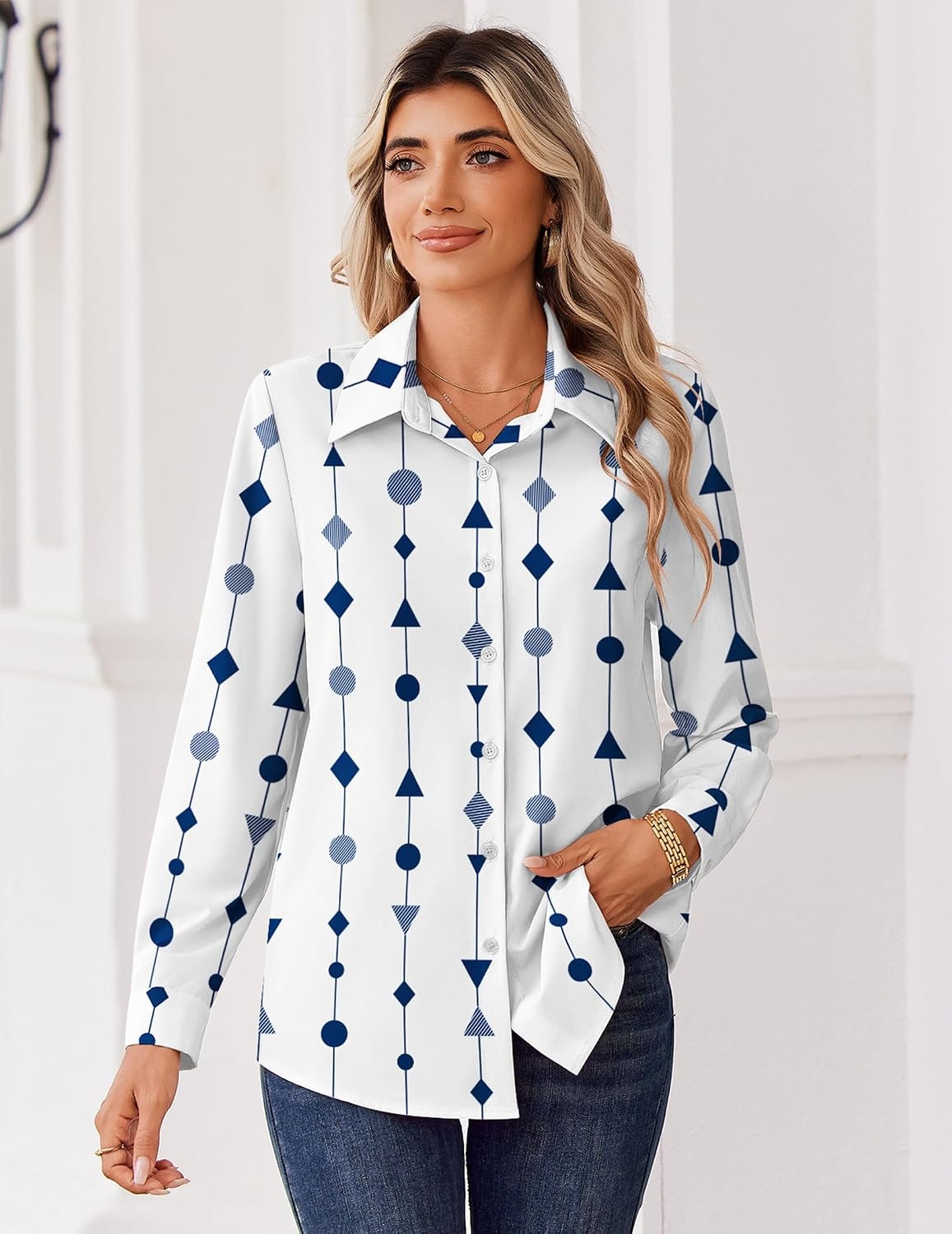 image:imageZeagoo Blouse for Women Dressy Long Sleeve Button Down Shirts V Neck TopsGeometric White 599