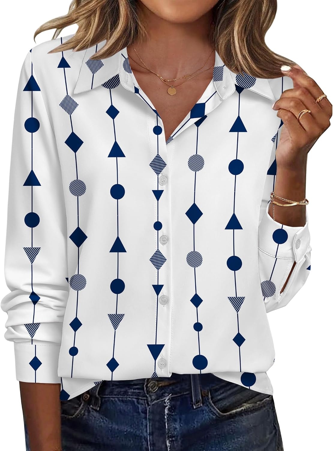 image:imageZeagoo Blouse for Women Dressy Long Sleeve Button Down Shirts V Neck TopsGeometric White 599