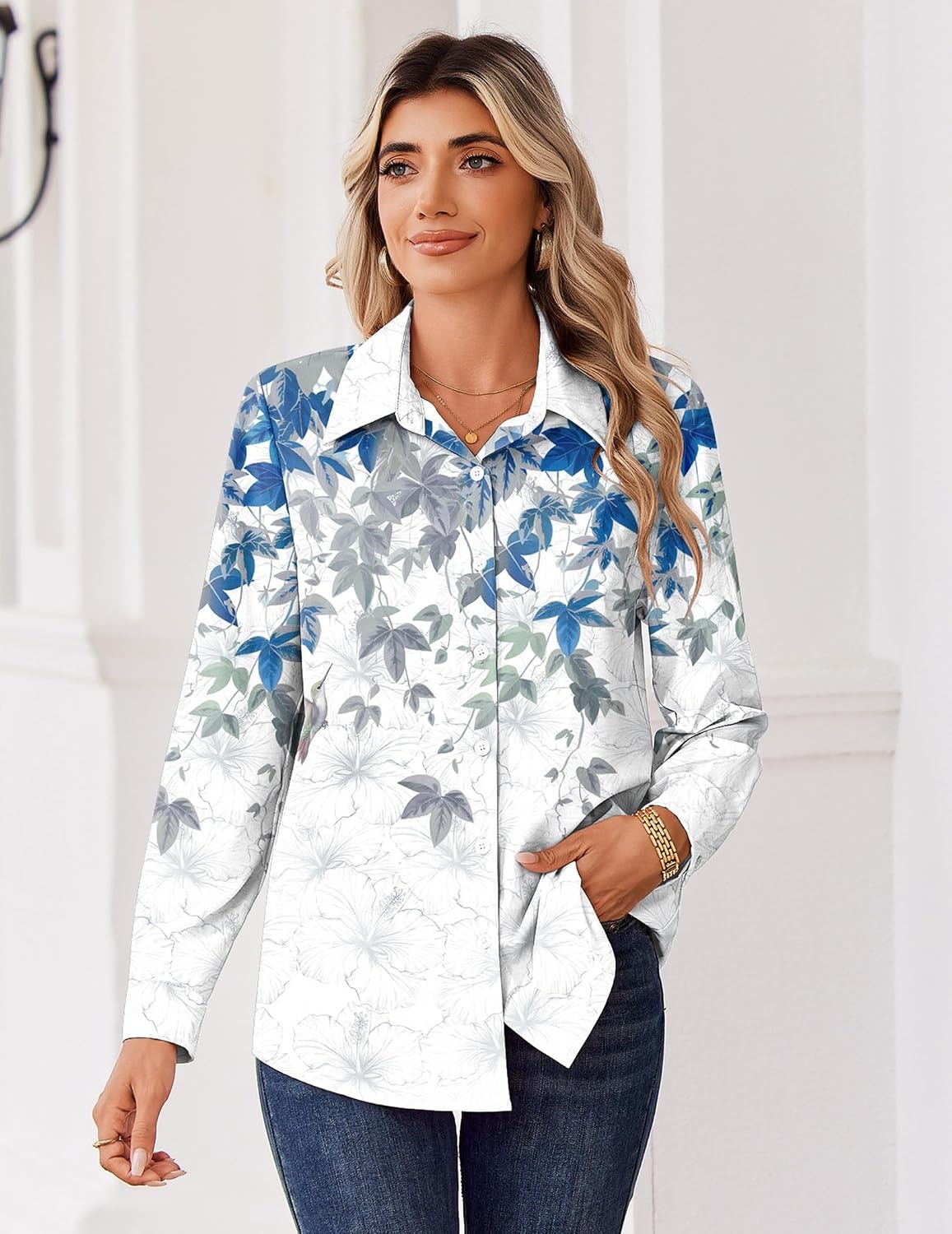 image:imageZeagoo Blouse for Women Dressy Long Sleeve Button Down Shirts V Neck TopsLeaf Blue 181