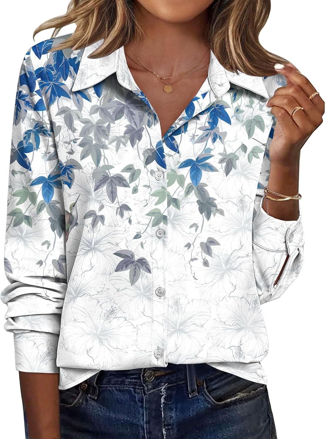 image:imageZeagoo Blouse for Women Dressy Long Sleeve Button Down Shirts V Neck TopsLeaf Blue 181