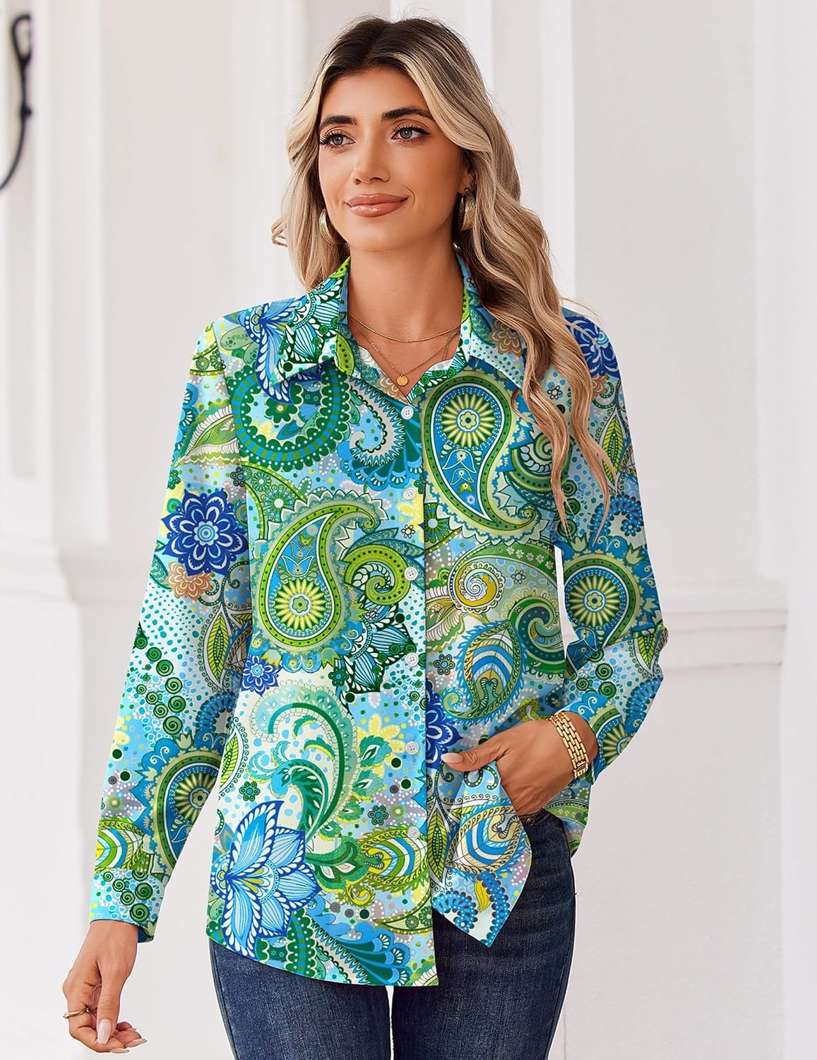 image:imageZeagoo Blouse for Women Dressy Long Sleeve Button Down Shirts V Neck TopsPaisley Green Blue 2