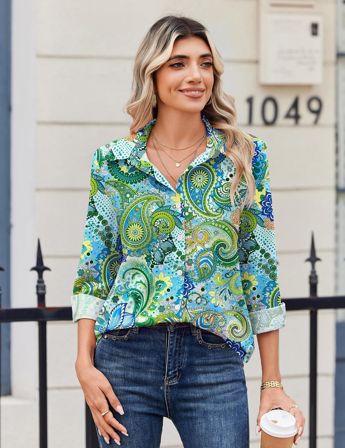 image:imageZeagoo Blouse for Women Dressy Long Sleeve Button Down Shirts V Neck TopsPaisley Green Blue 2