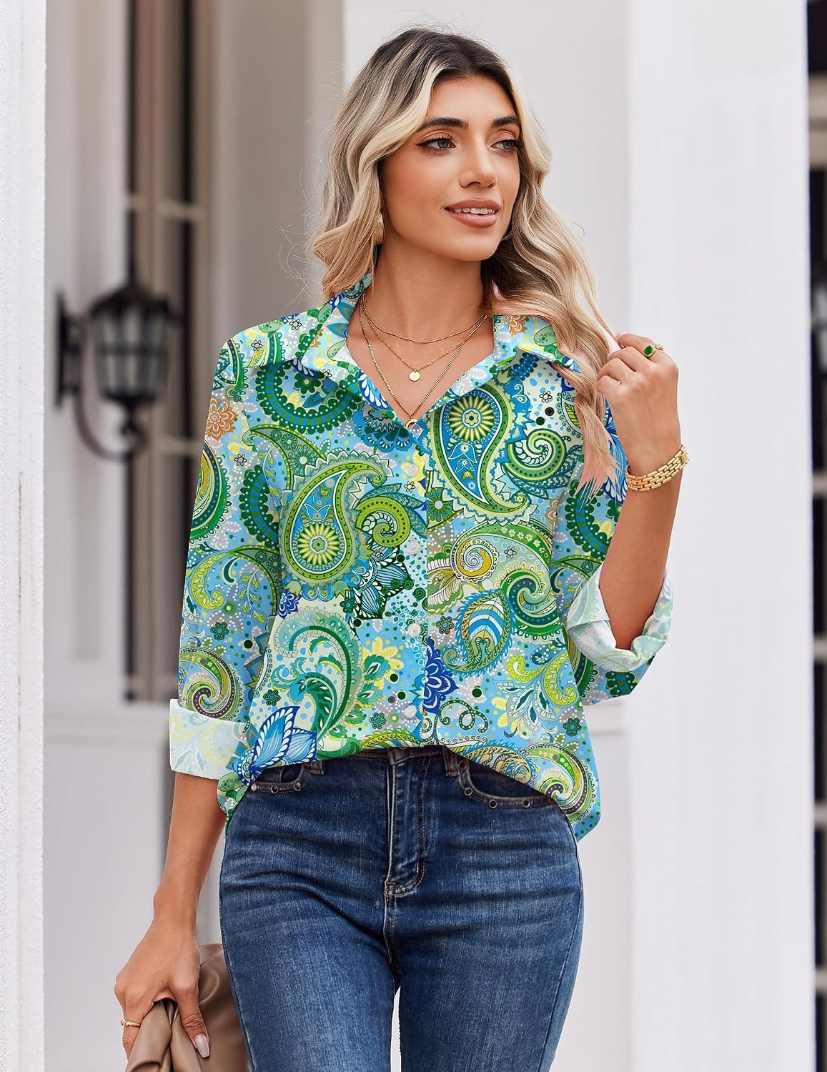 image:imageZeagoo Blouse for Women Dressy Long Sleeve Button Down Shirts V Neck TopsPaisley Green Blue 2
