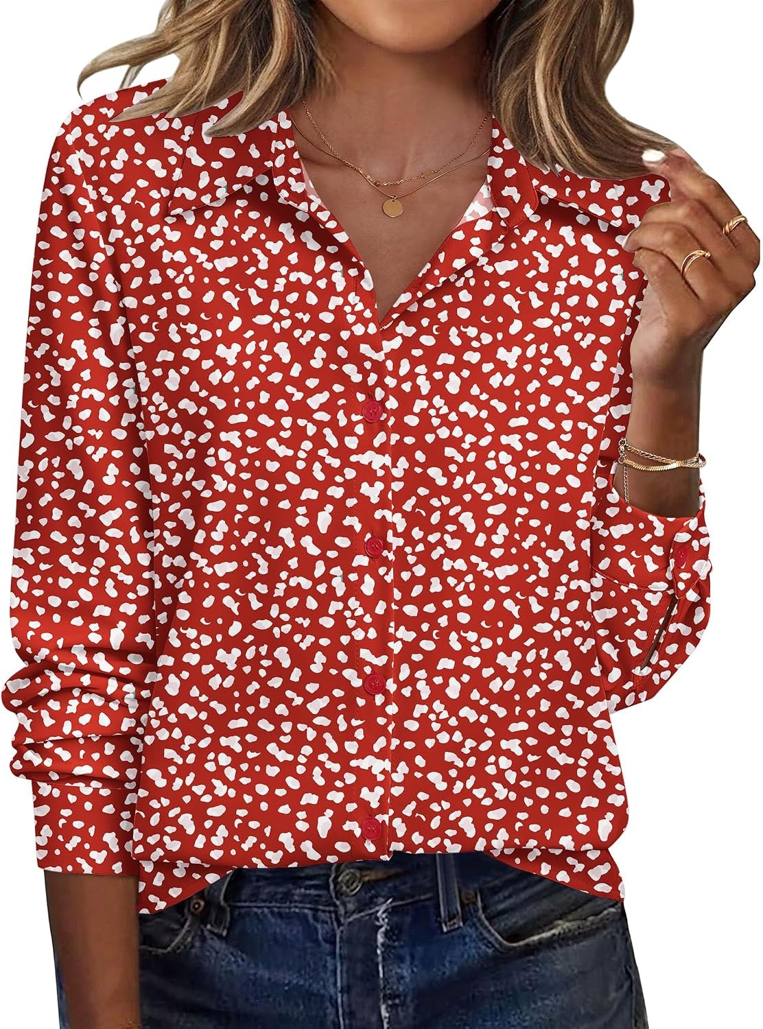 image:imageZeagoo Blouse for Women Dressy Long Sleeve Button Down Shirts V Neck TopsPolka Dot Red 590